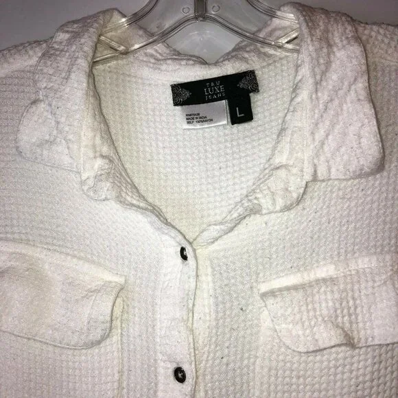 Tru Luxe Women's Large Button Up Shirt Collared Long Sleeve White Waffle Weave - Picture 3 of 12